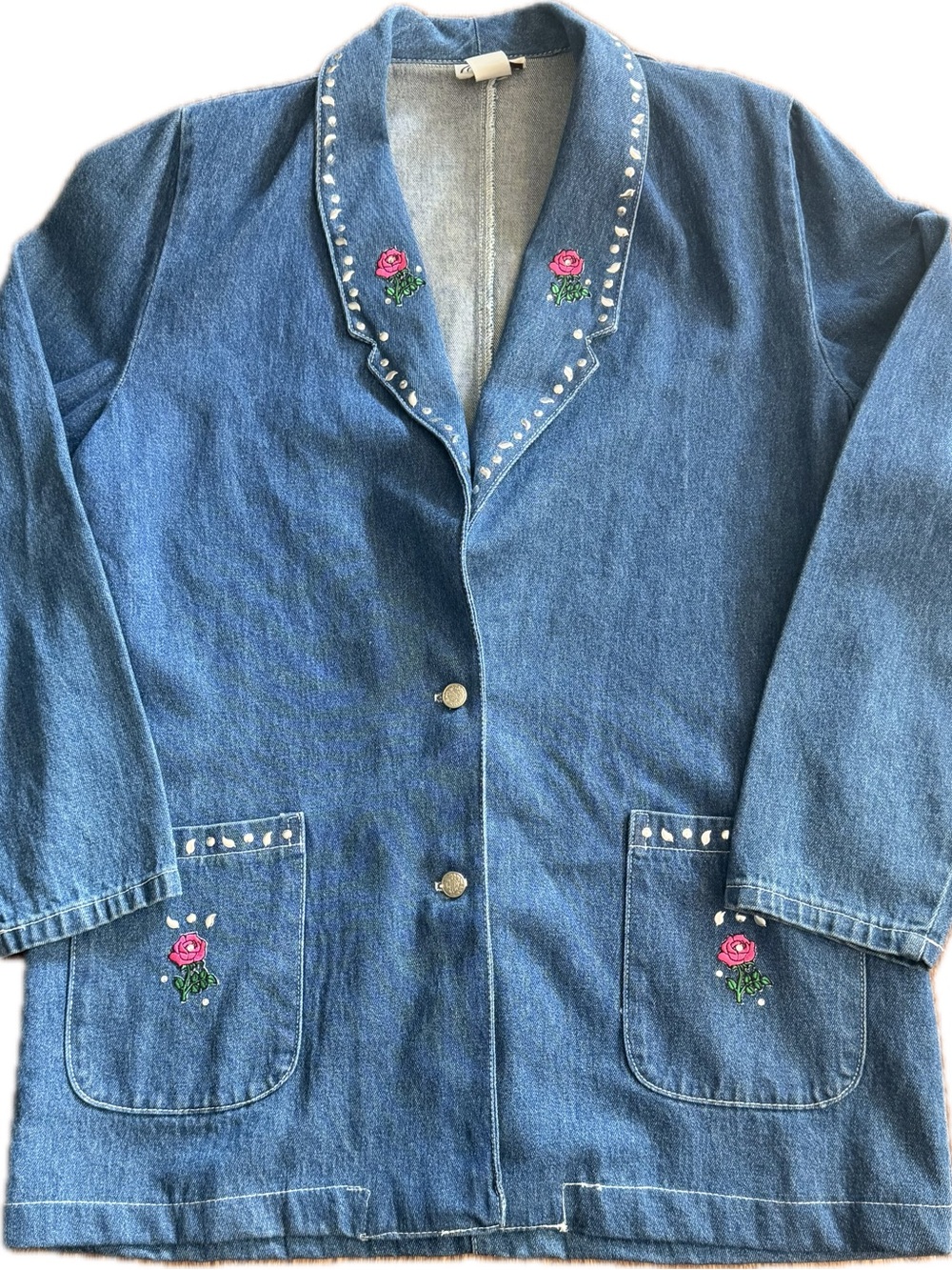 Womens Vintage Denim Jacket Appliqué Flowers Studded 100% Cotton USA Made Large